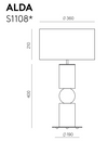 Dibujo técnico de una lámpara de mesa contemporánea modelo Lámpara de mesa Alda, que muestra vistas superior y lateral con dimensiones en milímetros.