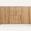 Explora el Aparador de madera DM y paulownia (160x40x90 cm) Skagen, un aparador de madera con ranuras verticales y un diseño moderno. Fabricado con madera de paulownia de primera calidad, incluye dos armarios y cuatro cajones centrales, combinando a la perfección elegancia y funcionalidad.