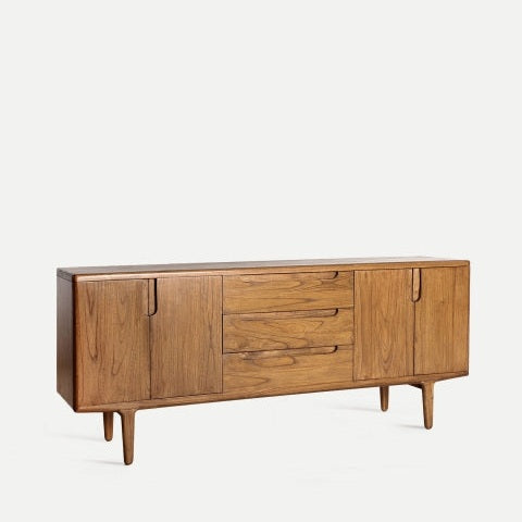 El aparador rústico en madera de mindi Slough (181x42x76 cm) es un aparador moderno de mediados de siglo con patas cónicas, dos gabinetes y tres cajones centrales para un almacenamiento elegante.