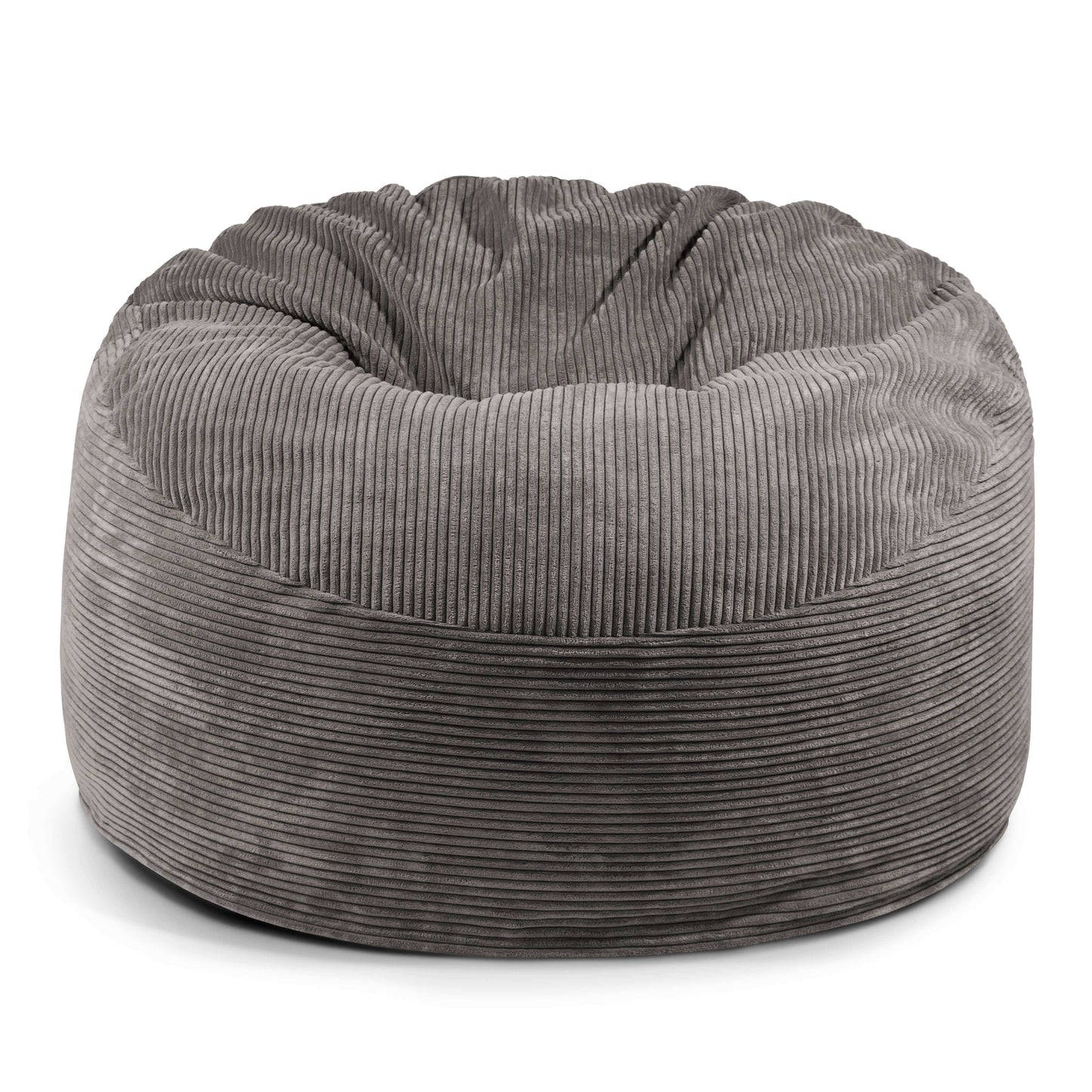 El Foam Bean Bag OM 110 Barcelona es un gran sillón redondo de pana gris con una superficie suave y texturizada que ofrece un asiento ergonómico, mostrado sobre un fondo blanco.