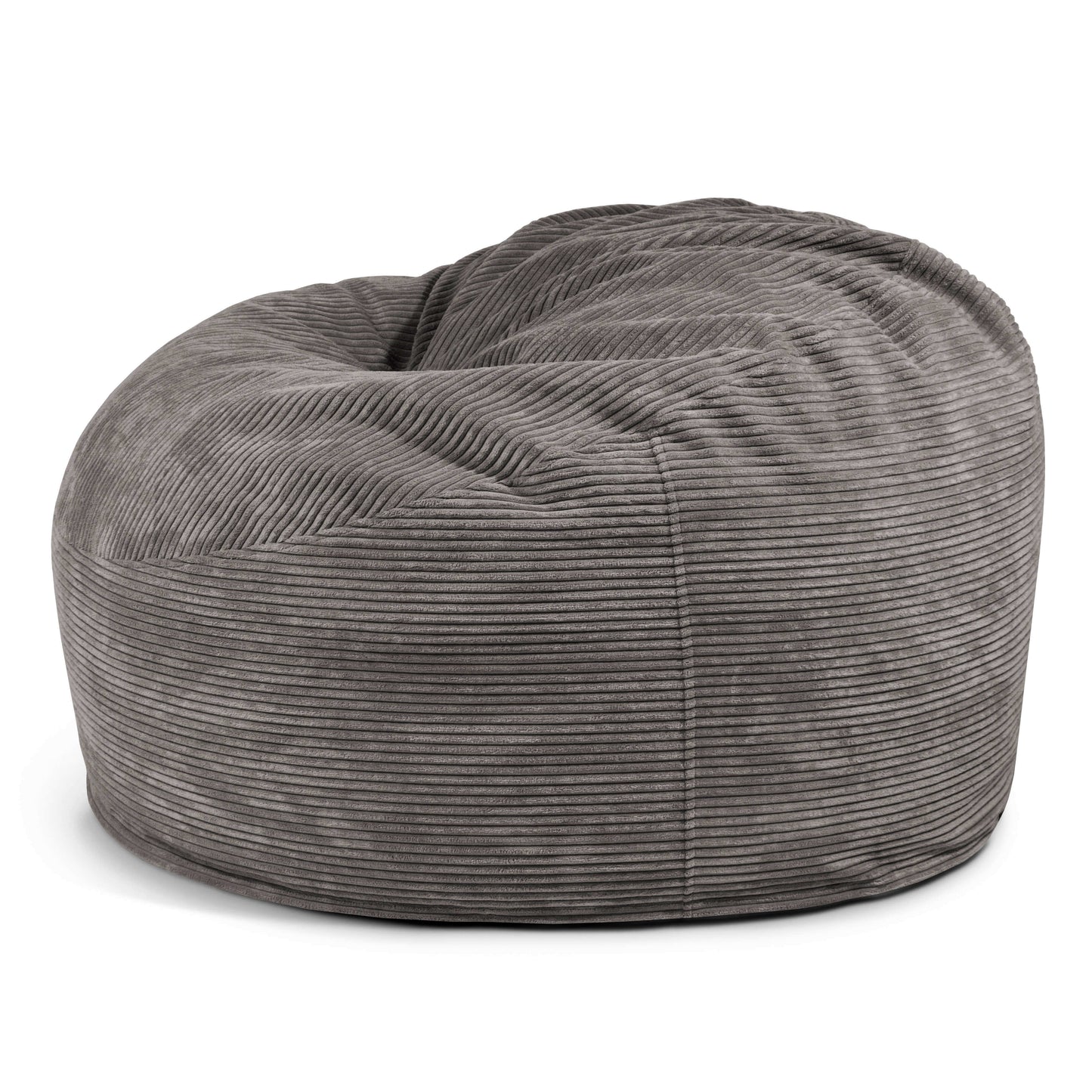 La Foam Bean Bag OM 110 Barcelona, una gran silla redonda de pana gris con asiento ergonómico, se muestra sobre un fondo blanco.
