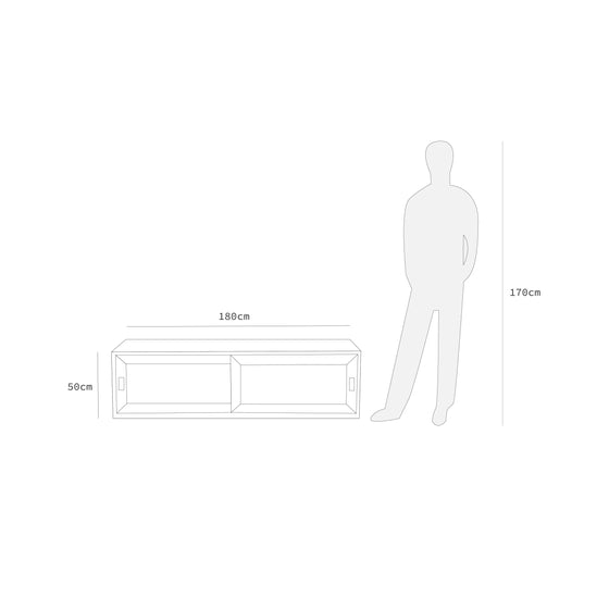 Diagrama que compara la altura de una persona de 170 cm con el Aparador en Madera de Teca con Puertas Correderas Basic: un rectángulo de madera de teca de 50 cm de alto y 180 cm de ancho que ofrece un almacenamiento con estilo.