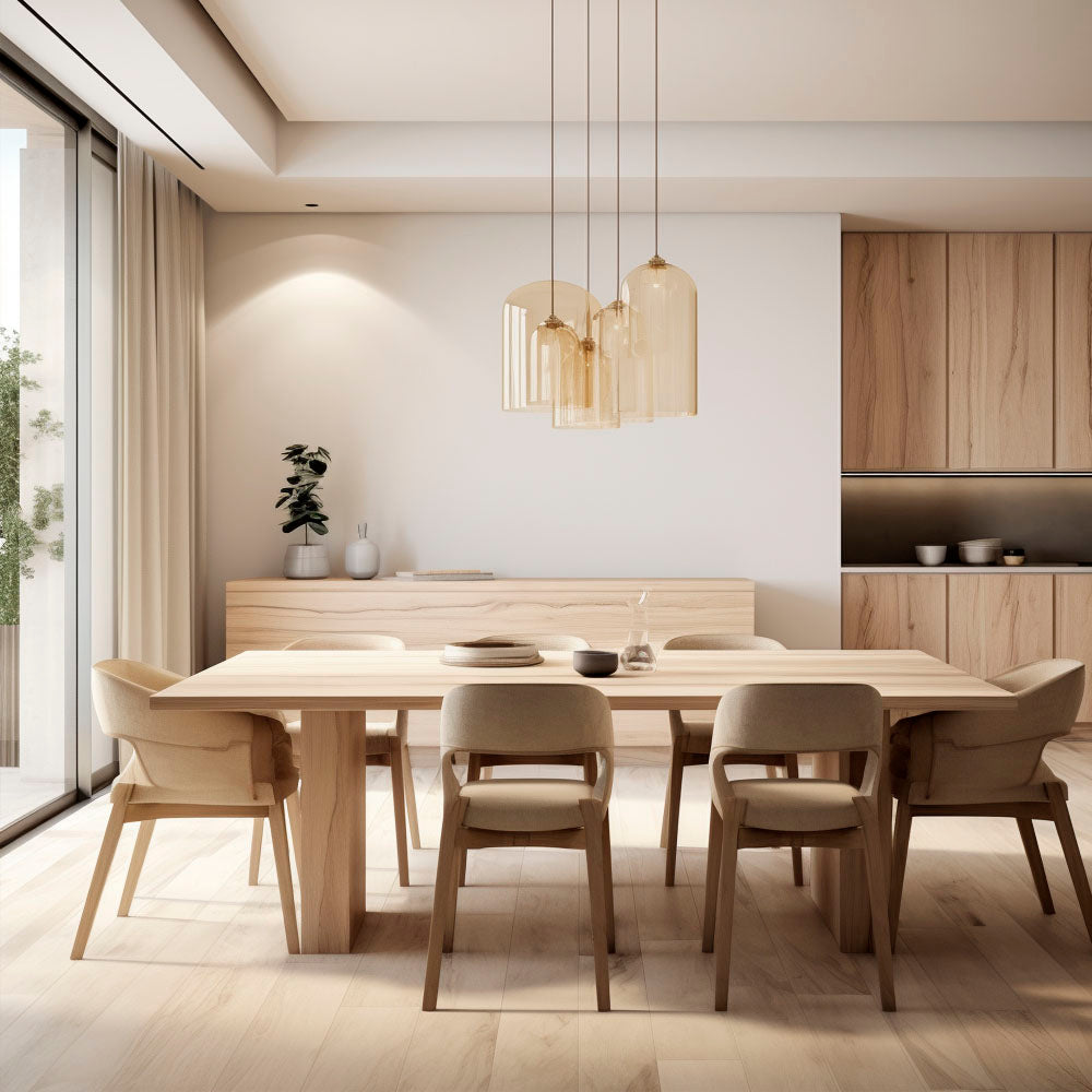  Comedor moderno con mesa y sillas de madera.