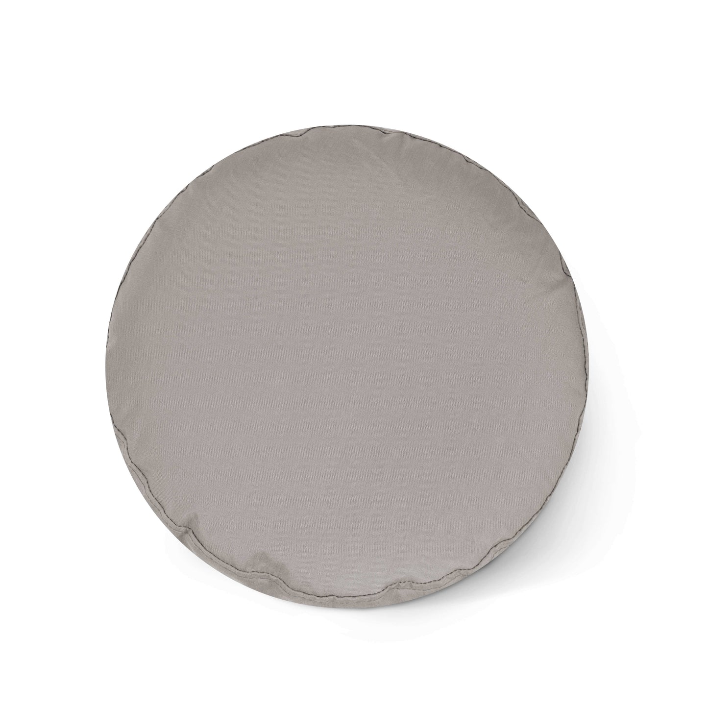 Un cojín redondo Pouf Mini Colorin - uso exteriores de color gris claro fabricado con tejido certificado OEKO-TEX se ve desde arriba sobre un fondo blanco.