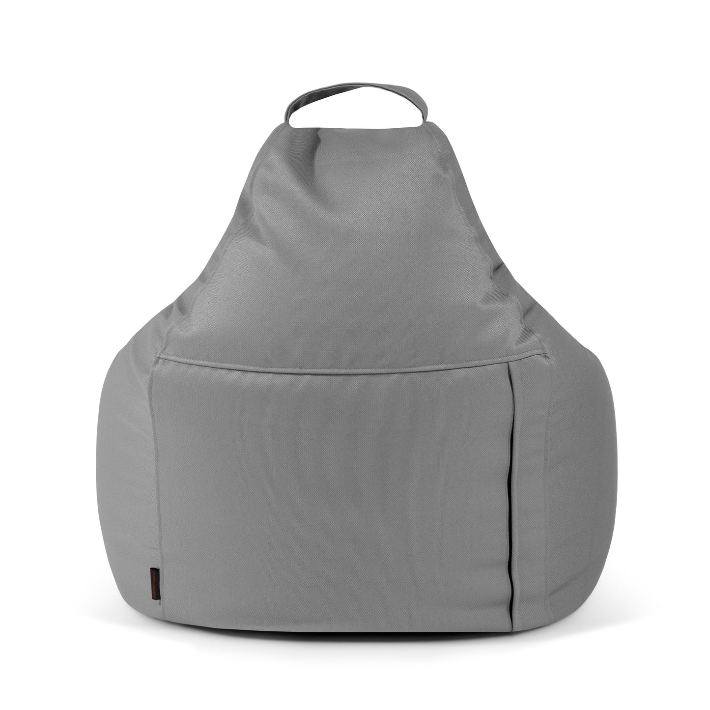 El Bean bag Play Profuse - resistente al fuego es un puf moderno de color gris con asa superior y bolsillo delantero, que se presenta sobre un fondo blanco.