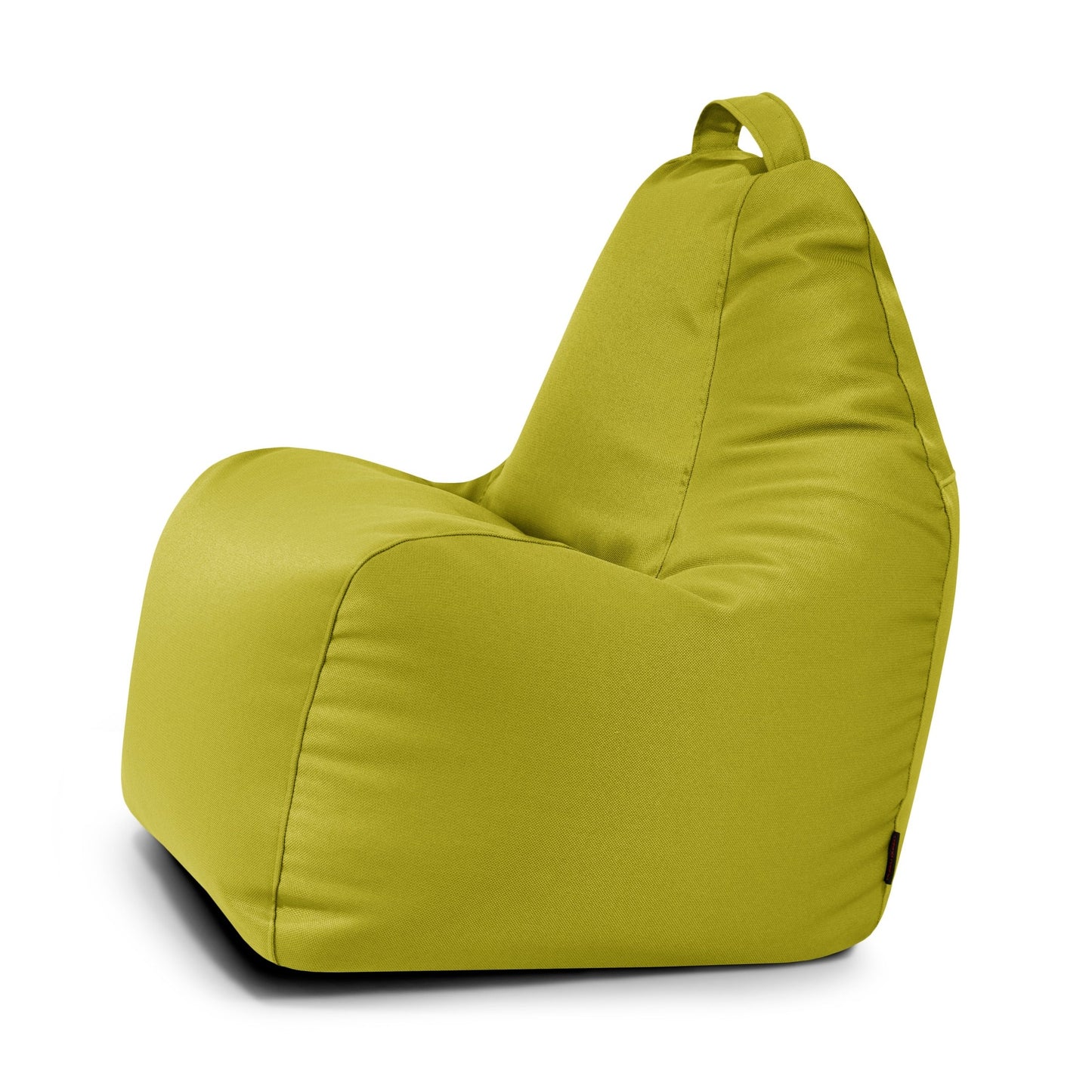 El Bean bag Play Profuse - resistente al fuego es un moderno sillón bean bag de color verde lima con un respaldo alto y una cómoda asa de tela, que se muestra de perfil sobre un fondo blanco.