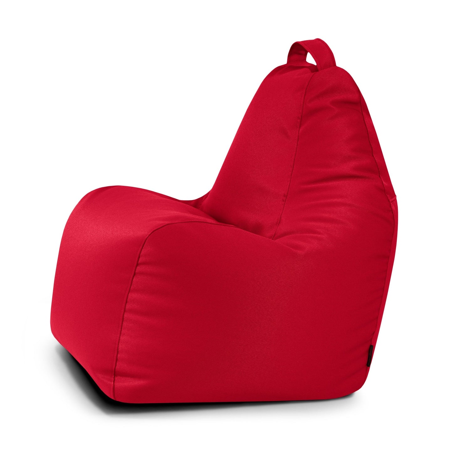 El Bean bag Play Profuse - resistente al fuego es un moderno sillón bean bag rojo con respaldo triangular y asa superior, que se presenta sobre fondo blanco.
