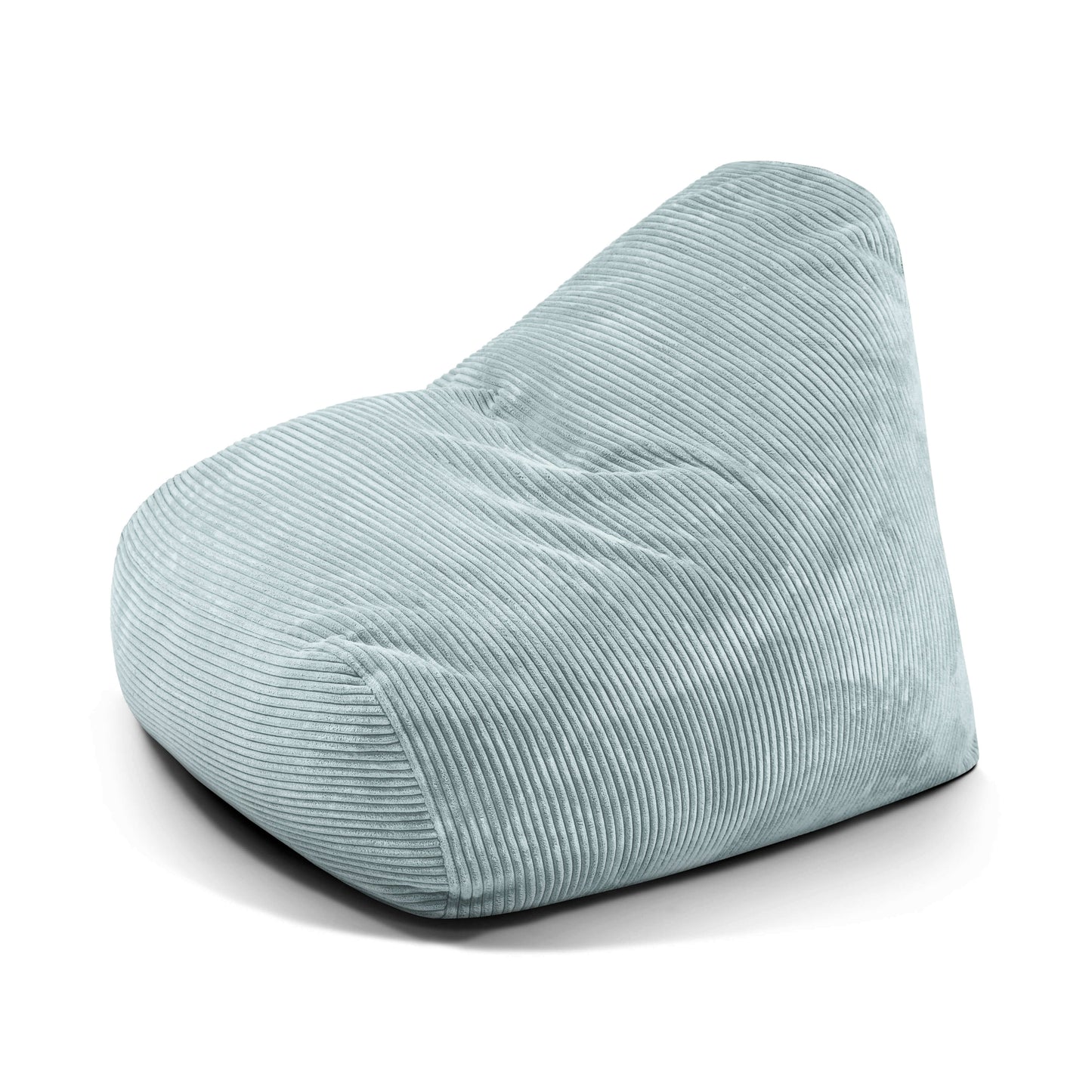 Puff grande SNUG 100 WAVES de foam y terciopelo acanalado azul claro (110×100×74 cm), diseño moderno con respaldo inclinado, ideal para salón o dormitorio. Fondo blanco.