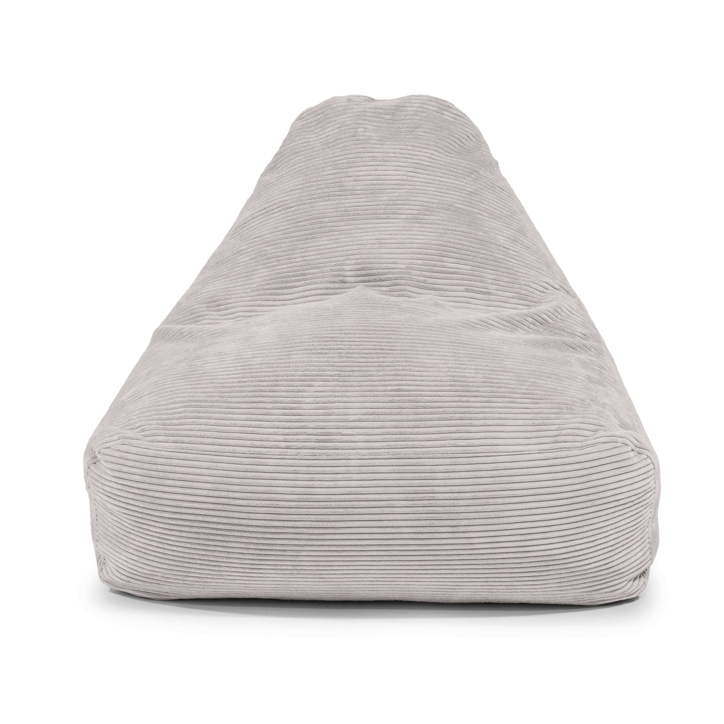 Vista frontal del SNUG 100 WAVES puff grande de foam y terciopelo acanalado (110×100×74 cm), gris claro con un diseño moderno y textura suave, ideal para un asiento ergonómico en salón o dormitorio.