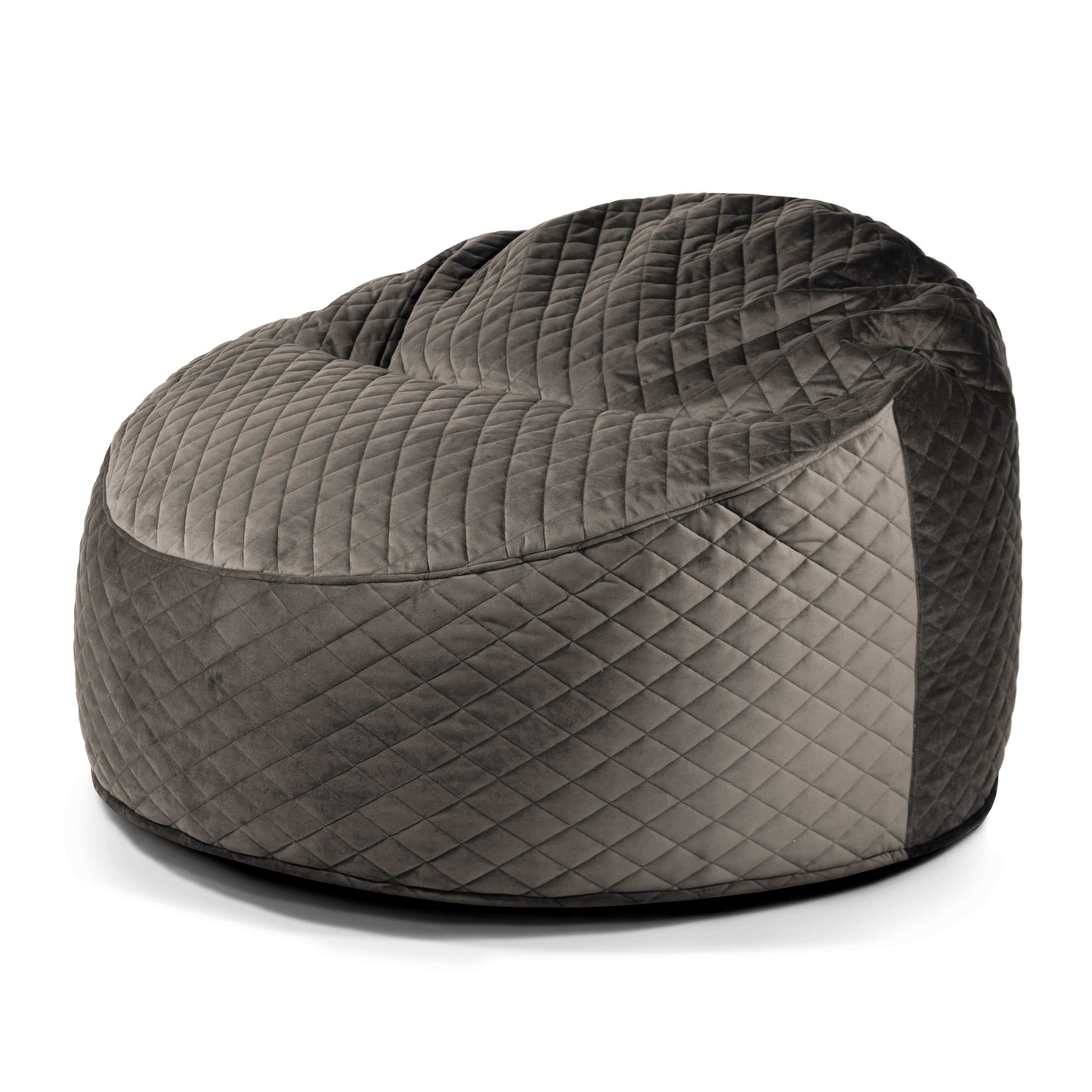 El Foam Bean Bag OM 110 Barcelona es un sillón grande y redondeado en tejido acolchado gris oscuro con textura afelpada y relleno de escamas de espuma para un confort ergonómico.