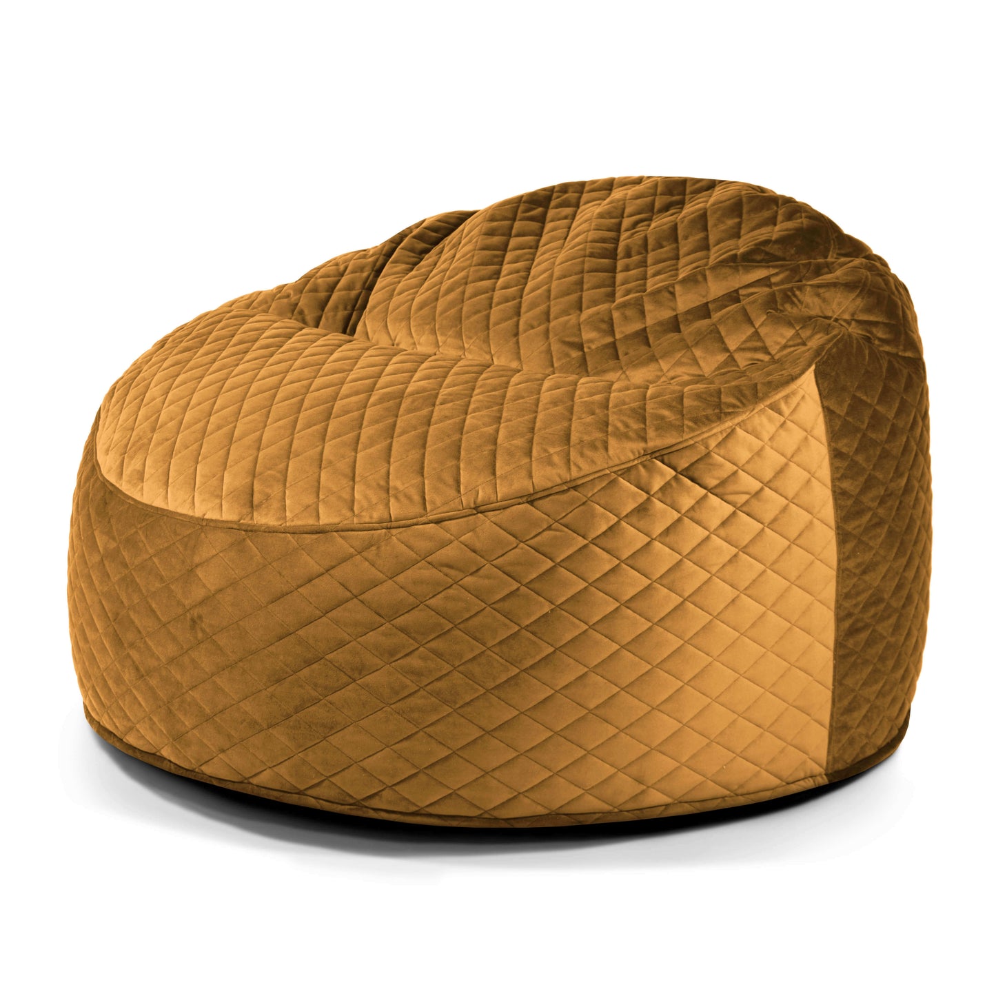 El Foam Bean Bag OM 110 Barcelona es un sillón grande y redondo de color mostaza con textura de terciopelo acolchado, que se muestra sobre un fondo blanco.