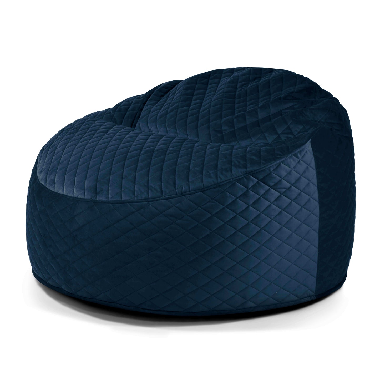 El Foam Bean Bag OM 110 Barcelona es un gran sillón acolchado de color azul marino con forma redondeada y textura suave, que se muestra sobre un fondo blanco.