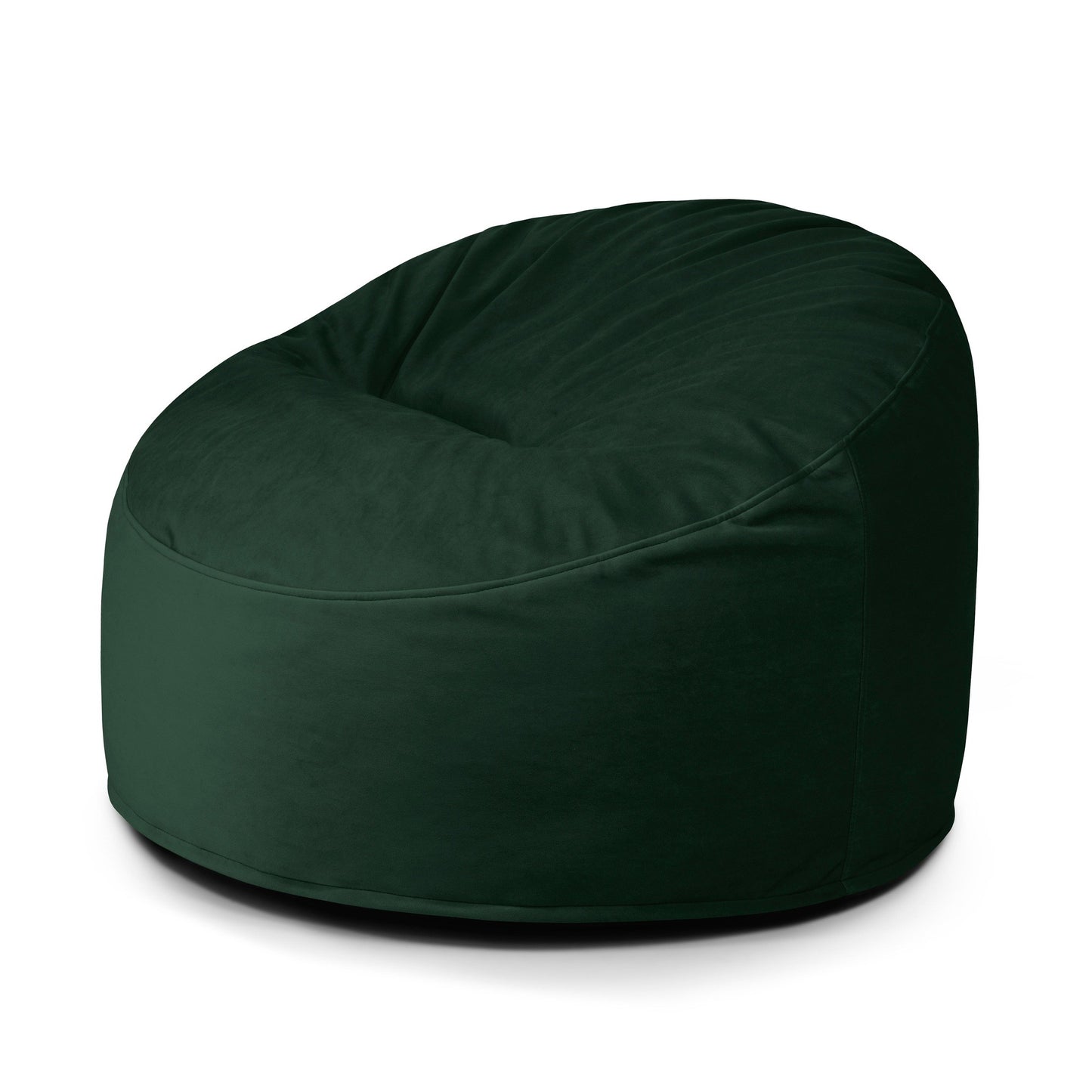 El Puff redondo de foam y terciopelo 85×85×38 cm OM 85 BARCELONA, en color verde oscuro, destaca sobre fondo blanco como un asiento ergonómico ideal para niños, perfecto para el salón o dormitorio con diseño moderno.