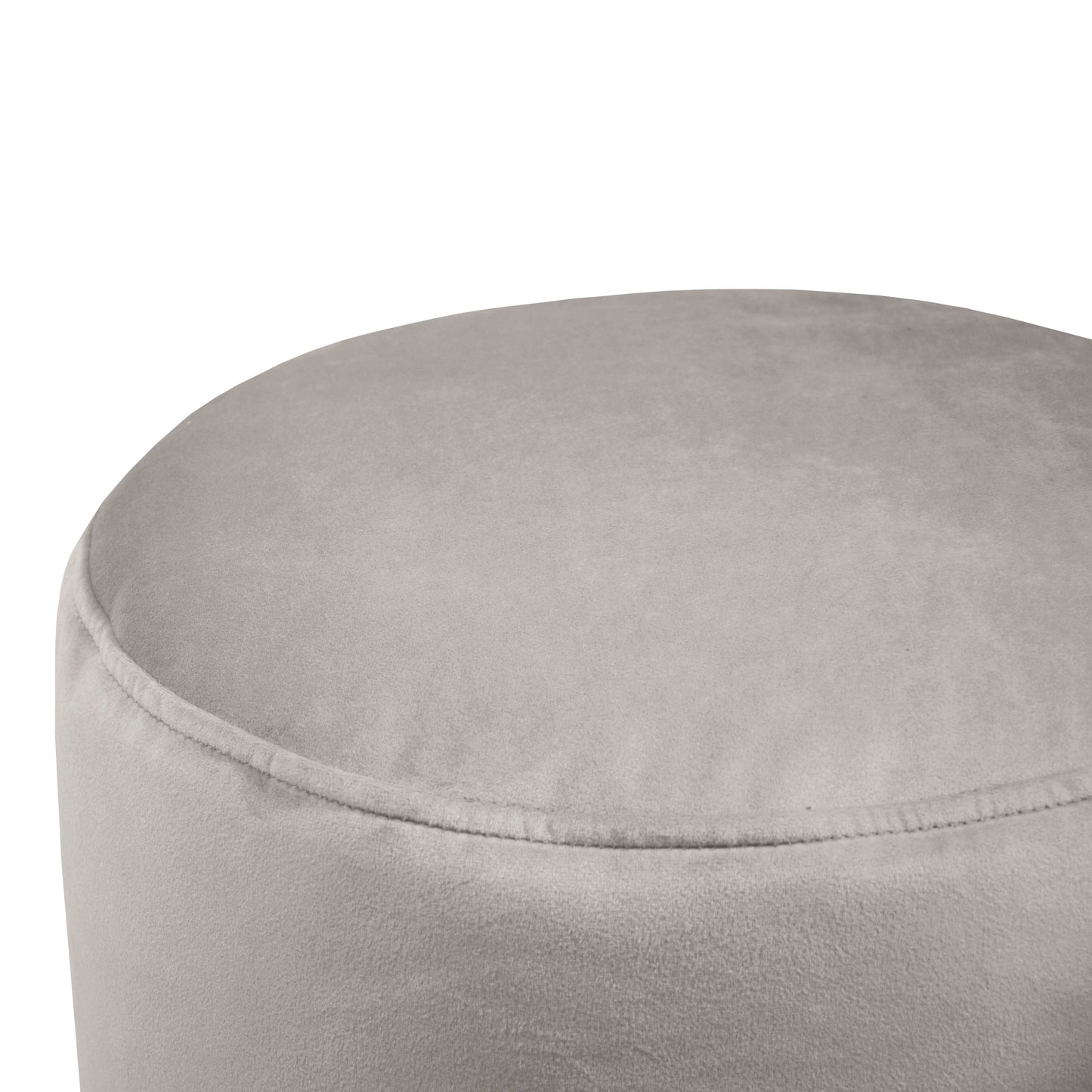 Primer plano del Puff redondo de terciopelo 40×40×30 cm MINI BARCELONA, un asiento adicional compacto y cómodo para dormitorio o salón, mostrado en gris claro sobre fondo blanco.