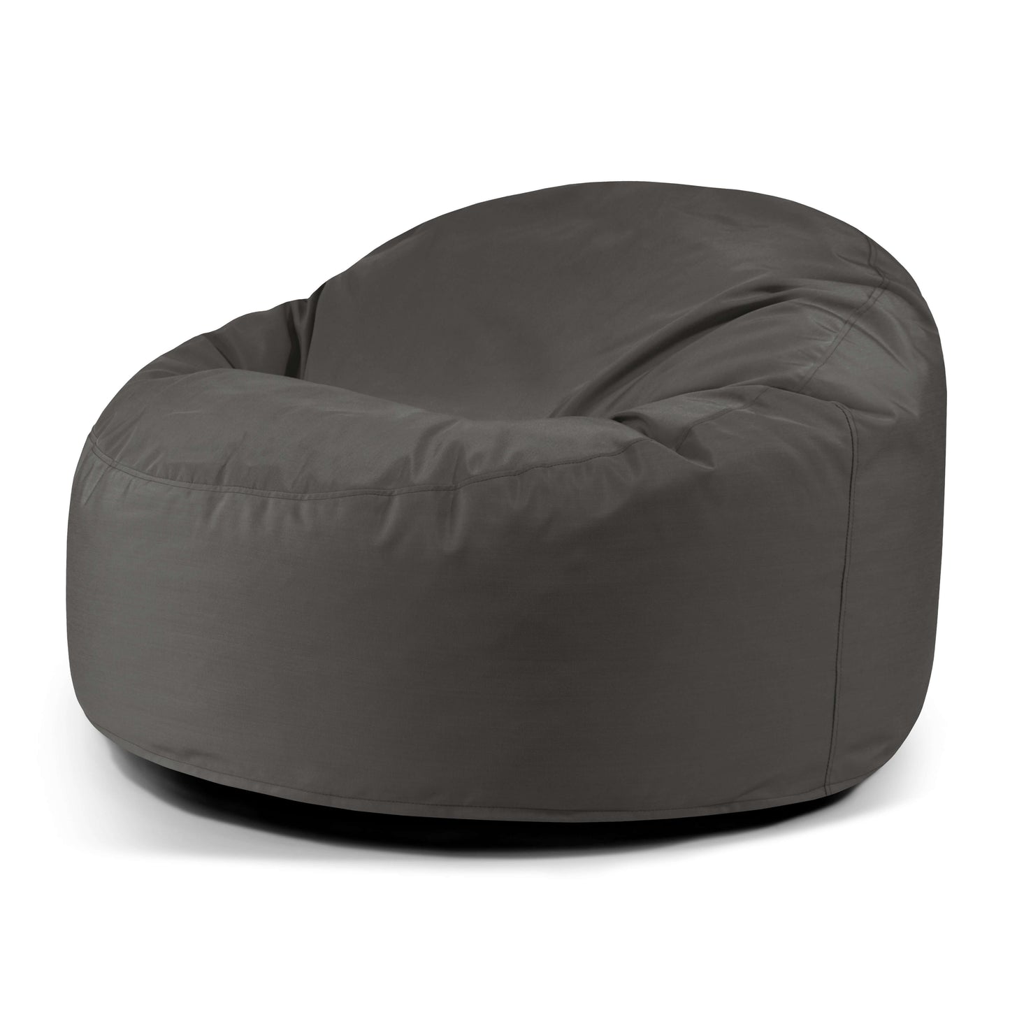 Un gran OM 110 COLORIN gris oscuro puff redondo de espuma y tejido repelente al agua (110×110×75 cm) se asienta sobre un fondo blanco, ideal para interior o exterior, combinando comodidad y estilo moderno.