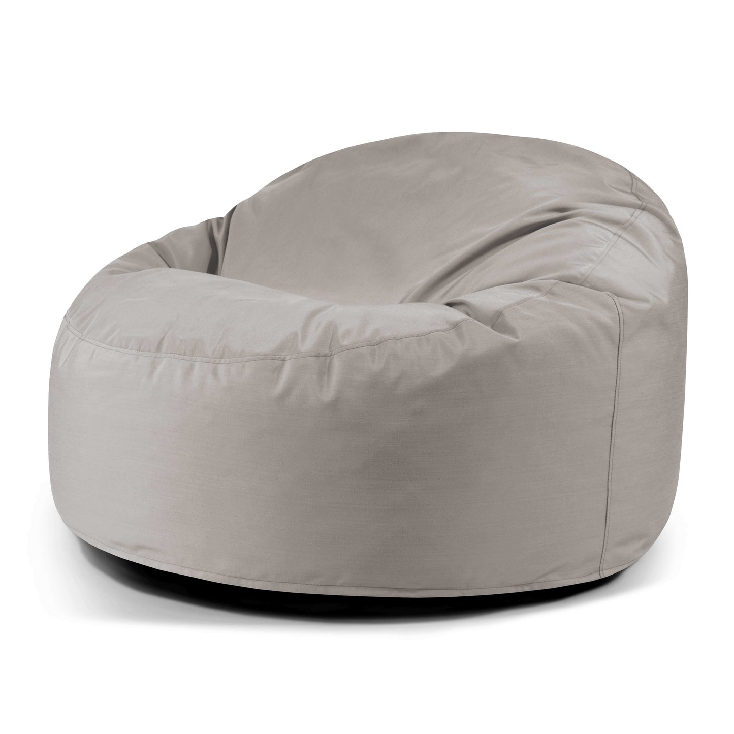 Puff redondo de espuma y tejido repelente al agua (110×110×75 cm), grande y moderno, para interiores y exteriores, en color gris claro, con forma redondeada y tejido suave, modelo OM 110 COLORIN, sobre fondo blanco.