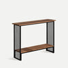 La Consola en hierro y madera Gien destaca por su diseño industrial, combinando un sobre y estante de madera de abeto con paneles laterales de malla metálica negra, ideal para ambientes claros y minimalistas.