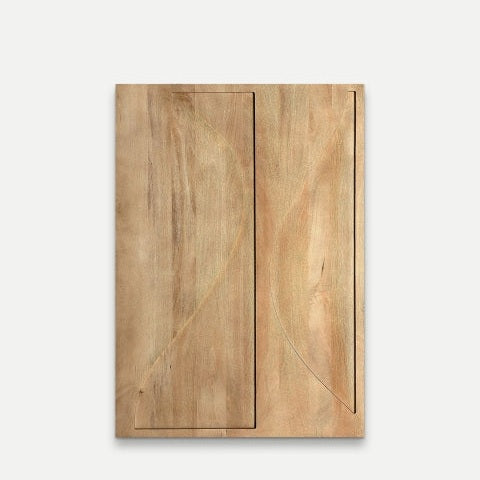 El cuadro decorativo en madera de mango natural Blas (70x100 cm) presenta dos secciones rectangulares y delicados grabados curvos, ideal para complementar la decoración moderna.