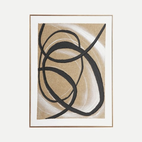 El "Cuadro decorativo abstracto en lienzo (90x120 cm) Elysee" exhibe líneas negras curvas sobre fondo beige y blanco texturizado, enmarcado con borde delgado—ideal para amantes del diseño abstracto y cuadros contemporáneos.