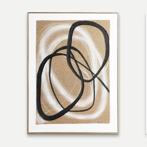 Obra abstracta con dos gruesos bucles negros superpuestos sobre un lienzo beige texturizado, acentuada con espirales blancas y un fino marco dorado. Cuadro en lienzo pino de 90 x 120 cm, Gabrielle, ideal para decoración minimalista y arte contemporáneo.