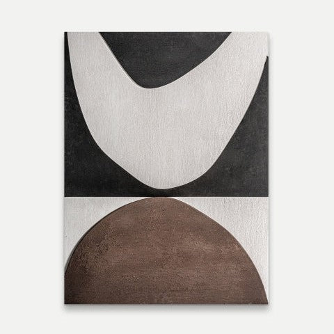 Cuadro moderno en DM diseño abstracto Hageng (90x120 cm) con grandes formas geométricas en blanco, negro y marrón, combinando líneas curvas y angulares, ideal para decoración del hogar.