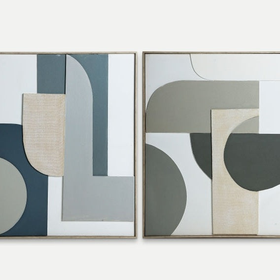 Los Cuadros abstractos en lienzo poliestireno (80x100 cm) Gaston muestran figuras geométricas en tonos gris, beige y blanco, ideales para decoración moderna y cualquier diseño de interiores que busque un cuadro abstracto elegante.