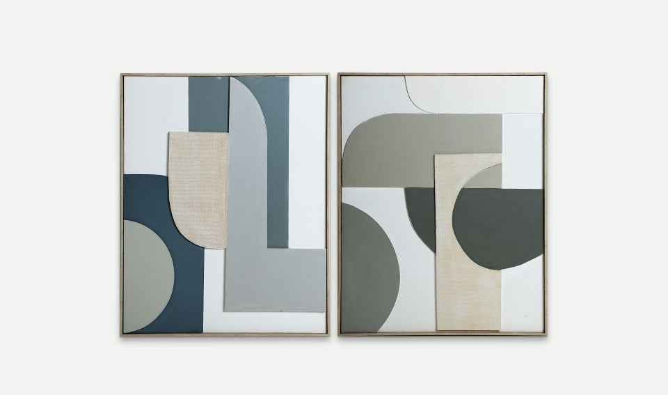 Dos cuadros decorativos geométricos en lienzo Mael (100x100 cm) con formas abstractas en tonos gris, verde, beige y blanco, dispuestos juntos para la decoración moderna del hogar.