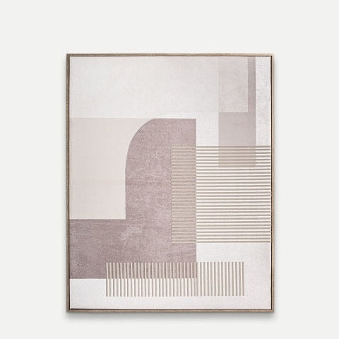 Cuadro decorativo lienzo tonos claros (80x100 cm) Jereane: arte abstracto con diseño geométrico y líneas en beige y taupe, inspirado en el art decó, sobre fondo claro.