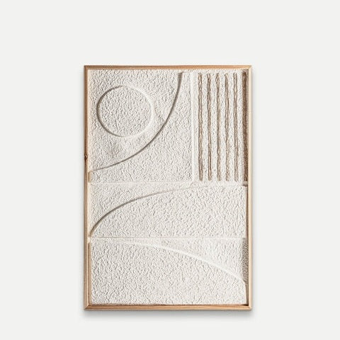 Cuadro decorativo en papel maché relieve (65x95 cm) Parker A: obra rectangular enmarcada con patrones blancos, círculo, líneas curvas y crestas verticales sobre fondo claro de estilo minimalista.
