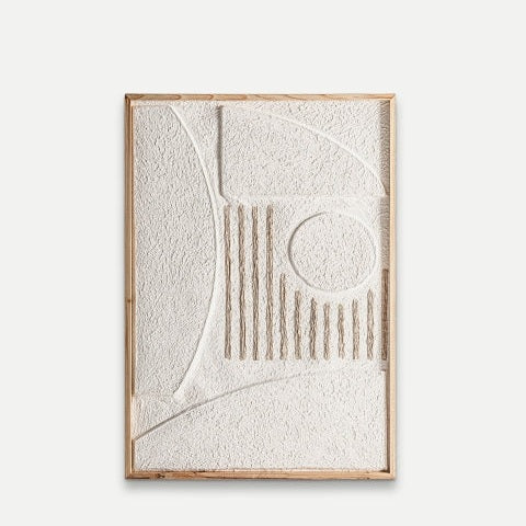 Cuadro minimalista en papel maché con relieve textura (65x95 cm) Parker B: arte abstracto enmarcado, con formas geométricas blancas y fondo neutro; pieza de estilo nórdico perfecta para decorar cualquier espacio.