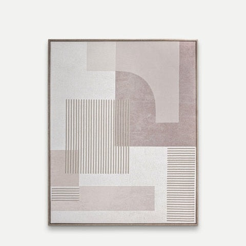 El Cuadro decorativo lienzo abstracto beige Seane (80x100 cm) presenta formas y líneas geométricas en tonos topo, crema y beige sobre un fondo claro, ideal para una decoración atemporal en cualquier estancia.
