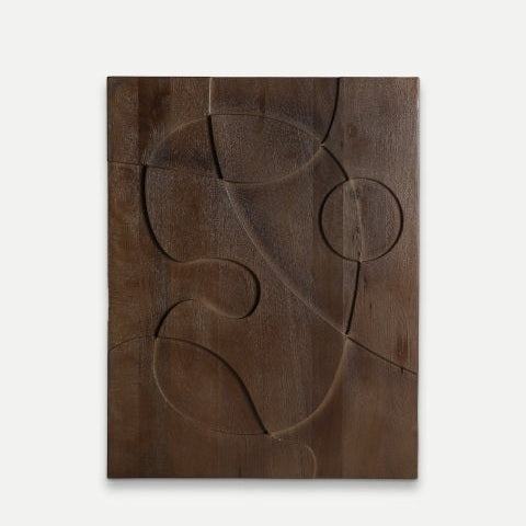 Cuadro decorativo abstracto en madera de mango Suldrup (80x100 cm), con panel rectangular y relieves curvos y circulares tallados, estilo artístico, presentado sobre fondo claro.