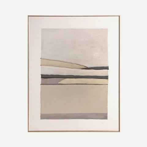 Cuadro decorativo abstracto en lienzo Valeria (120x150 cm) con bandas horizontales en tonos beige, gris y topo, enmarcado con borde delgado; ideal para decoración moderna.