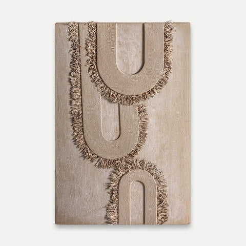 Cuadro decorativo en DM con relieve Winterberg (80x120 cm), beige, presenta tres patrones en U superpuestos y bordes con flecos sobre fondo liso: arte y calidad en diseño moderno.