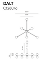 Dibujo técnico de la Lámpara de techo Dalt 6xG9, que muestra las dimensiones: 1200 mm de diámetro, 640 mm de largo del brazo central, 100 mm de altura de la base y 230 mm del portalámparas, con seis brazos separados 300 mm cada uno.