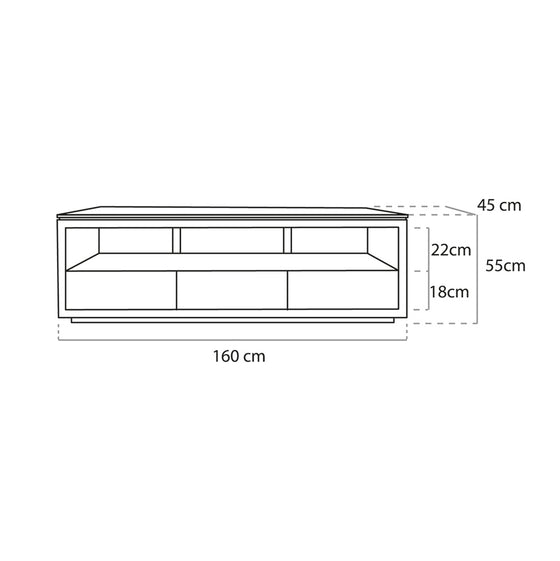 Dibujo lineal del Aparador en Madera de Teca Gecko, un mueble de TV rectangular con dimensiones de 160 cm de ancho, 45 cm de profundidad y 55 cm de alto. El elegante diseño incluye compartimentos de 22 cm y 18 cm de alto.