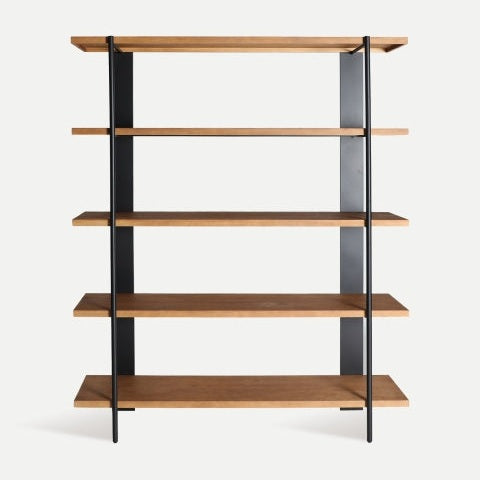 Estantería industrial en hierro y madera Sissone (160x43x190cm) con cinco estantes de pino y soportes metálicos negros, presentación sobre un fondo claro y sencillo.