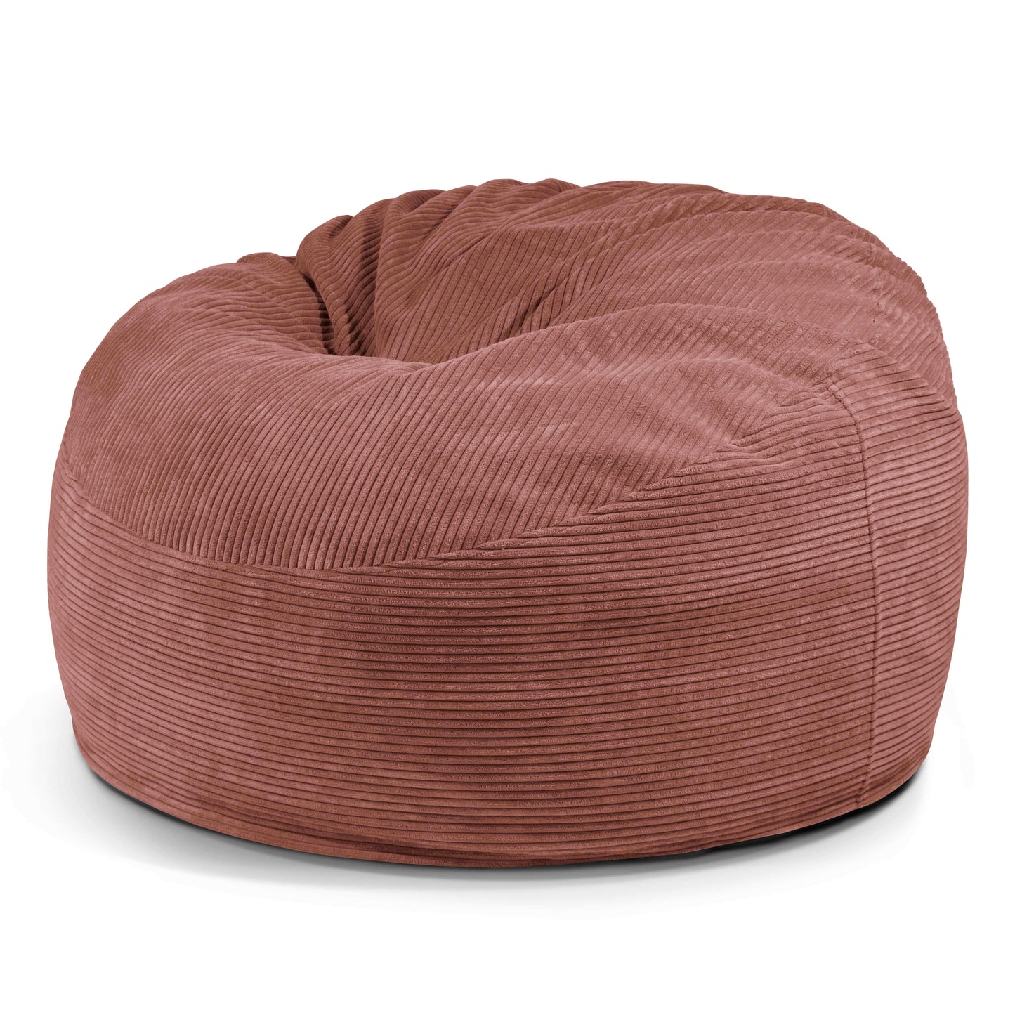 El Foam Bean Bag OM 110 Barcelona, grande y redondo en pana rosa empolvada con una superficie suave y texturizada, se asienta sobre un fondo blanco, proporcionando la comodidad de un asiento ergonómico.