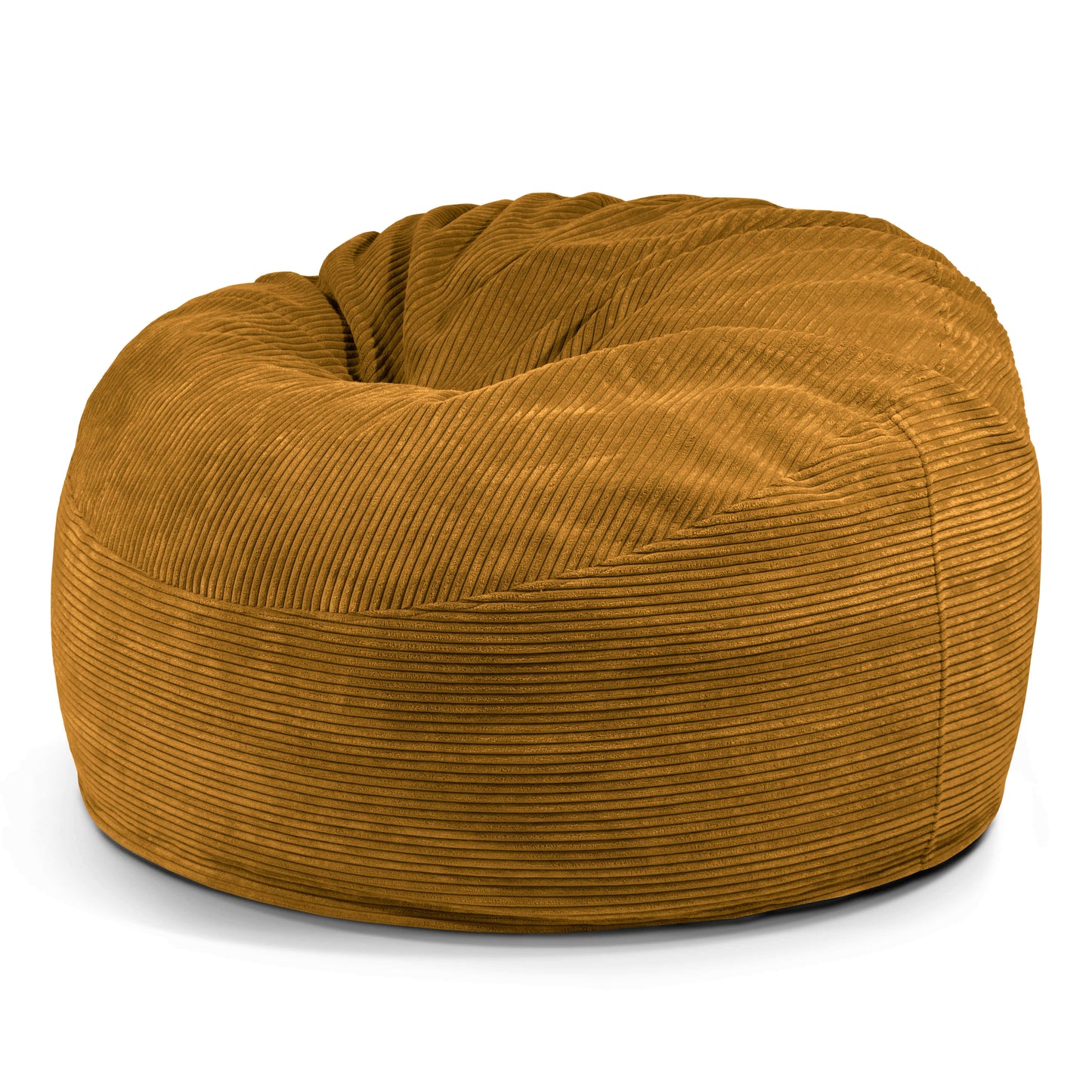 El Foam Bean Bag OM 110 Barcelona de pana amarillo mostaza presenta una textura suave y afelpada con crestas horizontales para un asiento acogedor y ergonómico, que se muestra sobre un fondo blanco.