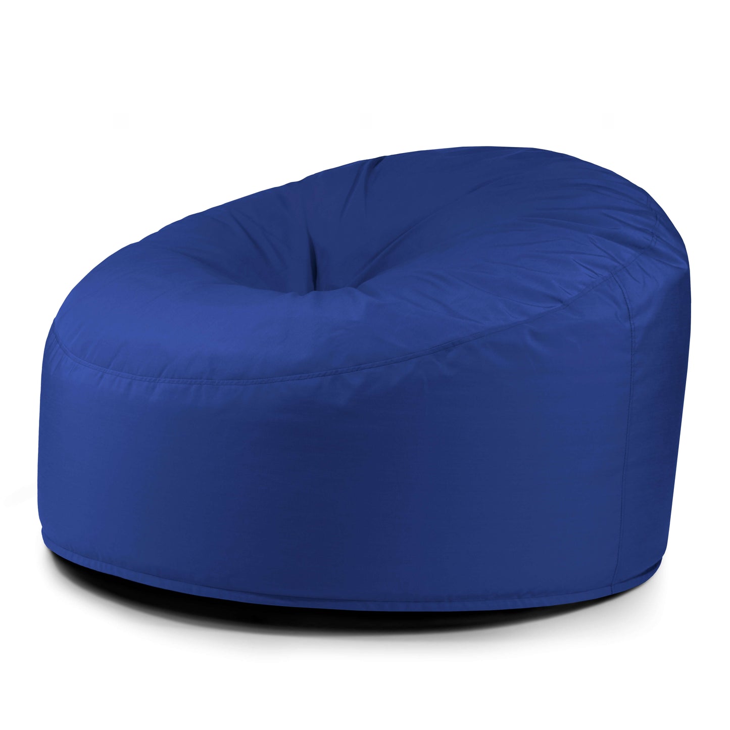 El Foam Bean Bag OM 110 Barcelona es un sillón redondo de color azul con una superficie suave y acolchada para puf grande comodidad y soporte ergonómico, que se muestra sobre un fondo blanco.