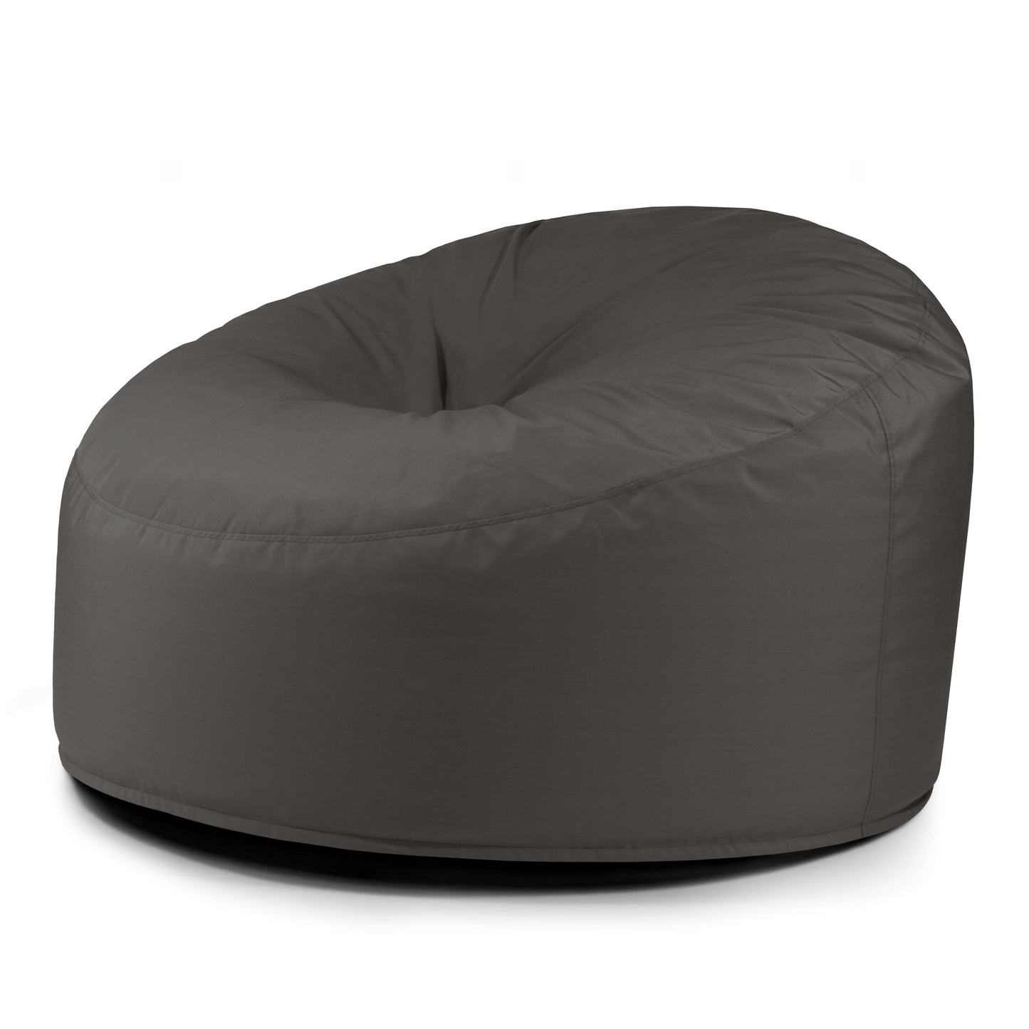 El Foam Bean Bag OM 110 Barcelona es un puf grande redondo de color gris con superficie de tela lisa y relleno de espuma, que proporciona soporte ergonómico y se muestra sobre un fondo blanco.