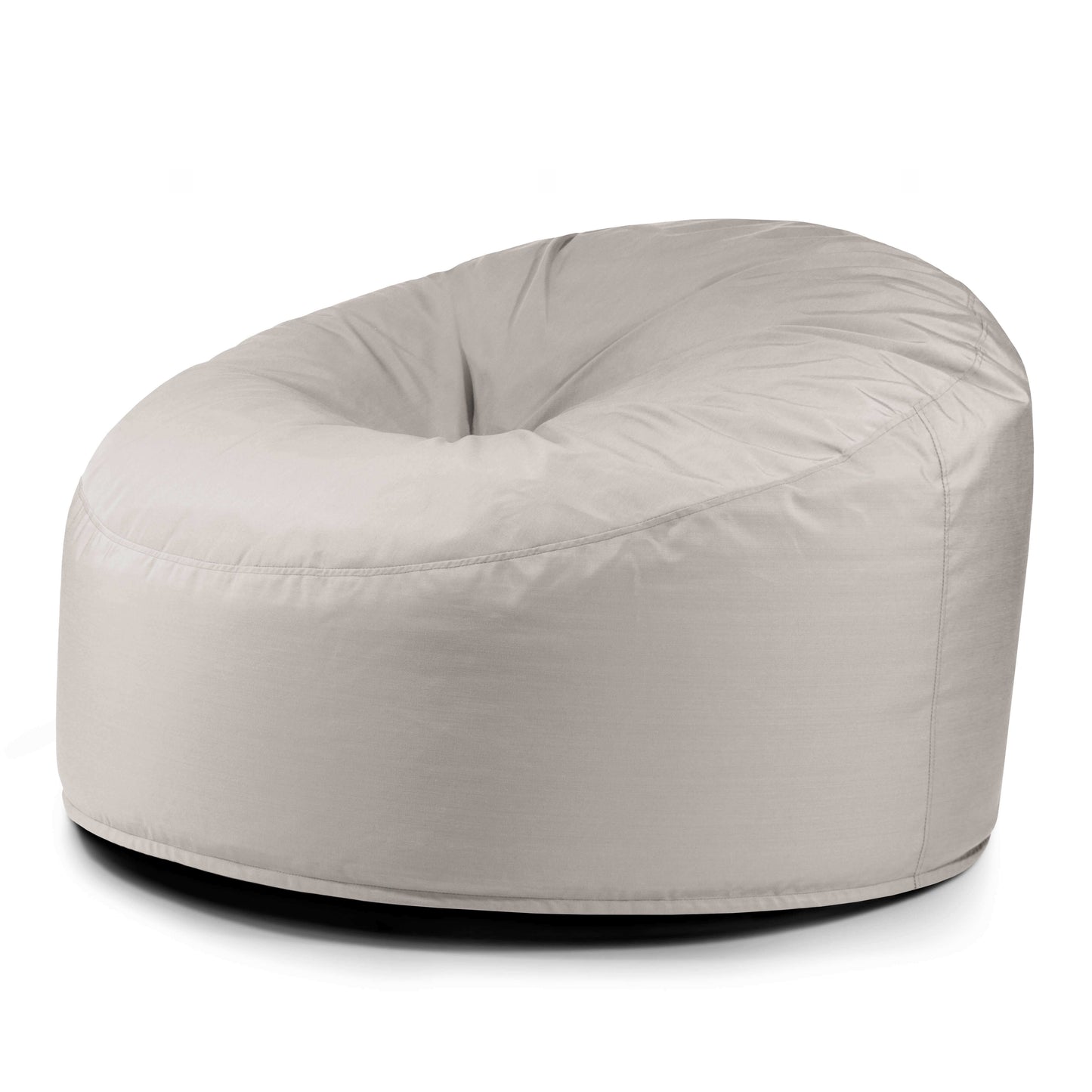La Foam Bean Bag OM 110 Barcelona es una silla redonda de color gris claro con soporte ergonómico y asiento ligeramente hundido, que se muestra sobre fondo blanco.