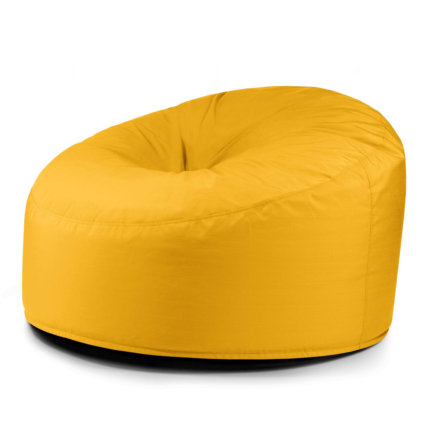 El Foam Bean Bag OM 110 Barcelona, de color amarillo brillante, forma redondeada y soporte ergonómico, se muestra sobre un fondo blanco liso.