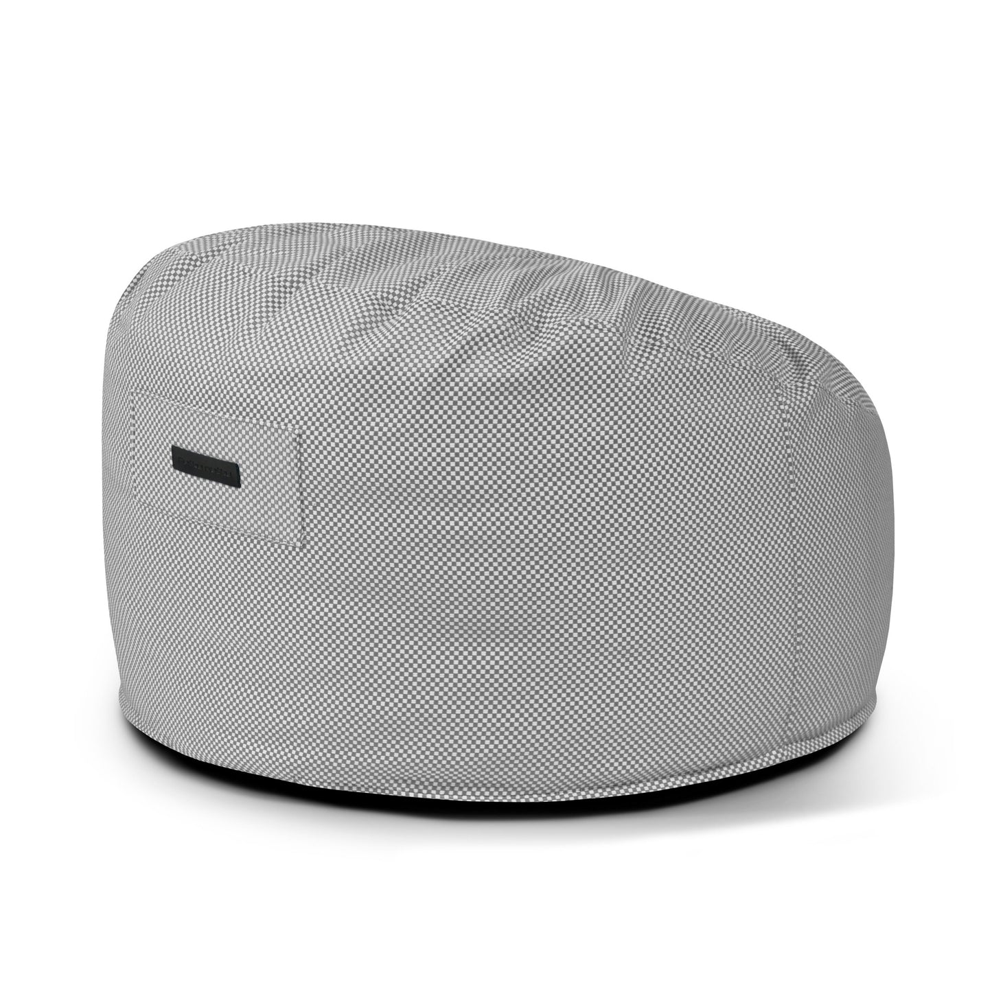 La espuma de la bolsa de frijoles Om 85 Capri - uso exterior es una silla de tela gris bolsa de frijoles con un patrón de puntos sutil, forma redondeada, y el mango lateral rectangular, que ofrece asientos de espuma cómoda, se muestra sobre un fondo blanco.