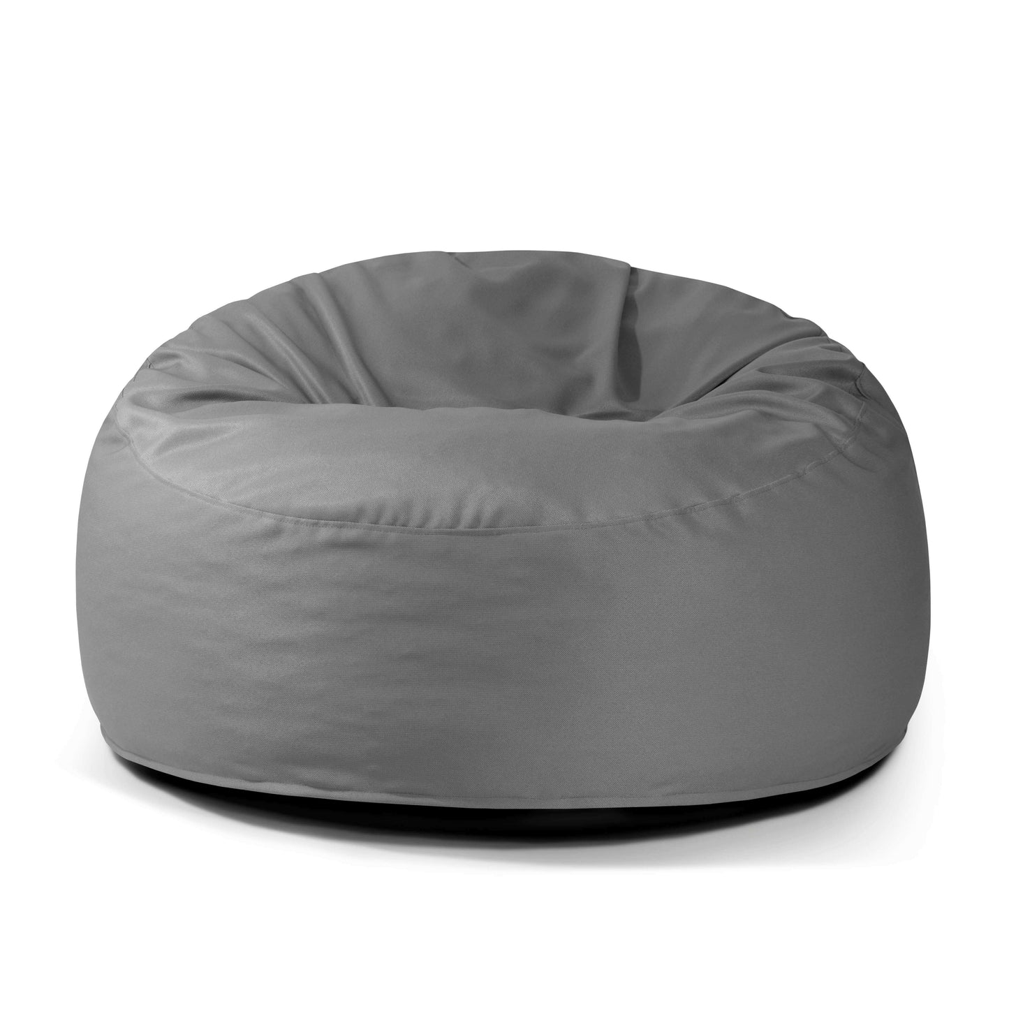 Se muestra un Foam Bean Bag OM 110 Barcelona gris con un asiento redondo, suave y ligeramente hundido relleno de copos de espuma de alta densidad sobre fondo blanco.
