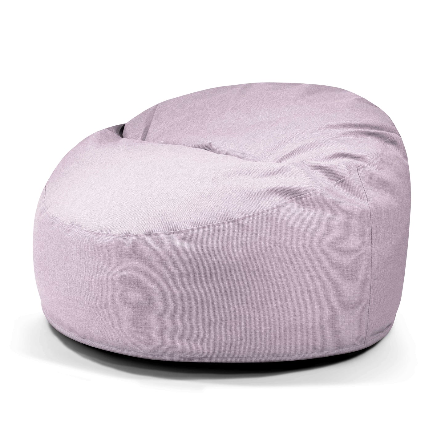 El Foam Bean bag OM 110 Riviera, un sillón redondo de tela gris claro para exteriores, se presenta sobre un fondo blanco y proporciona un asiento cómodo para cualquier espacio.