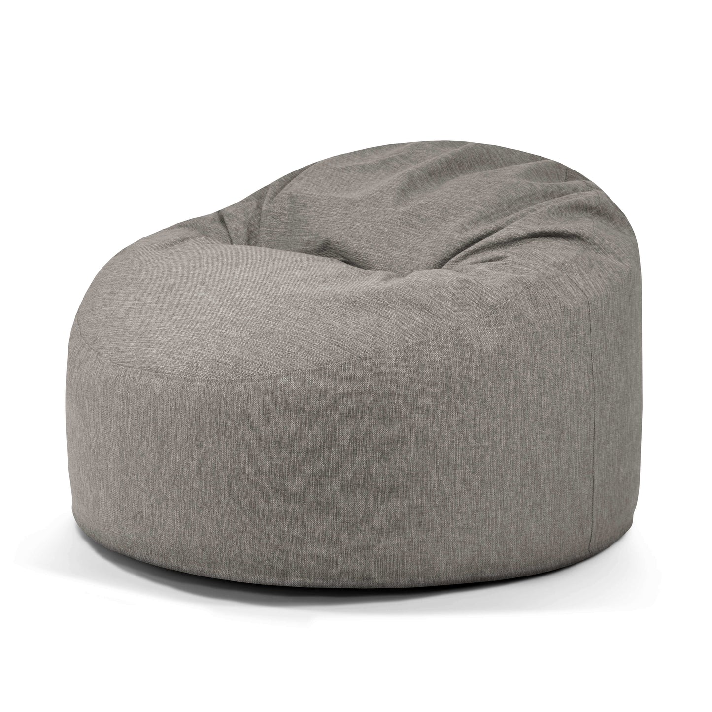 La Foam Bean Bag OM 110 Barcelona, una silla redonda de color gris claro con el asiento ligeramente hundido, se muestra sobre un fondo blanco, proporcionando cómodos asientos para relajarse en cualquier espacio.