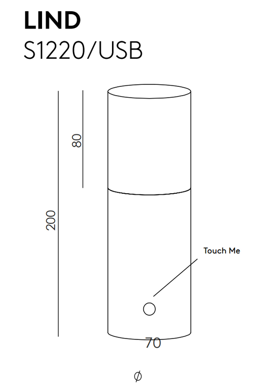 Dibujo técnico de un dispositivo cilíndrico denominado "Lampara de mesa Lind (USB)" con dimensiones marcadas, que presenta un área "tócame", un botón de encendido e iluminación funcional.