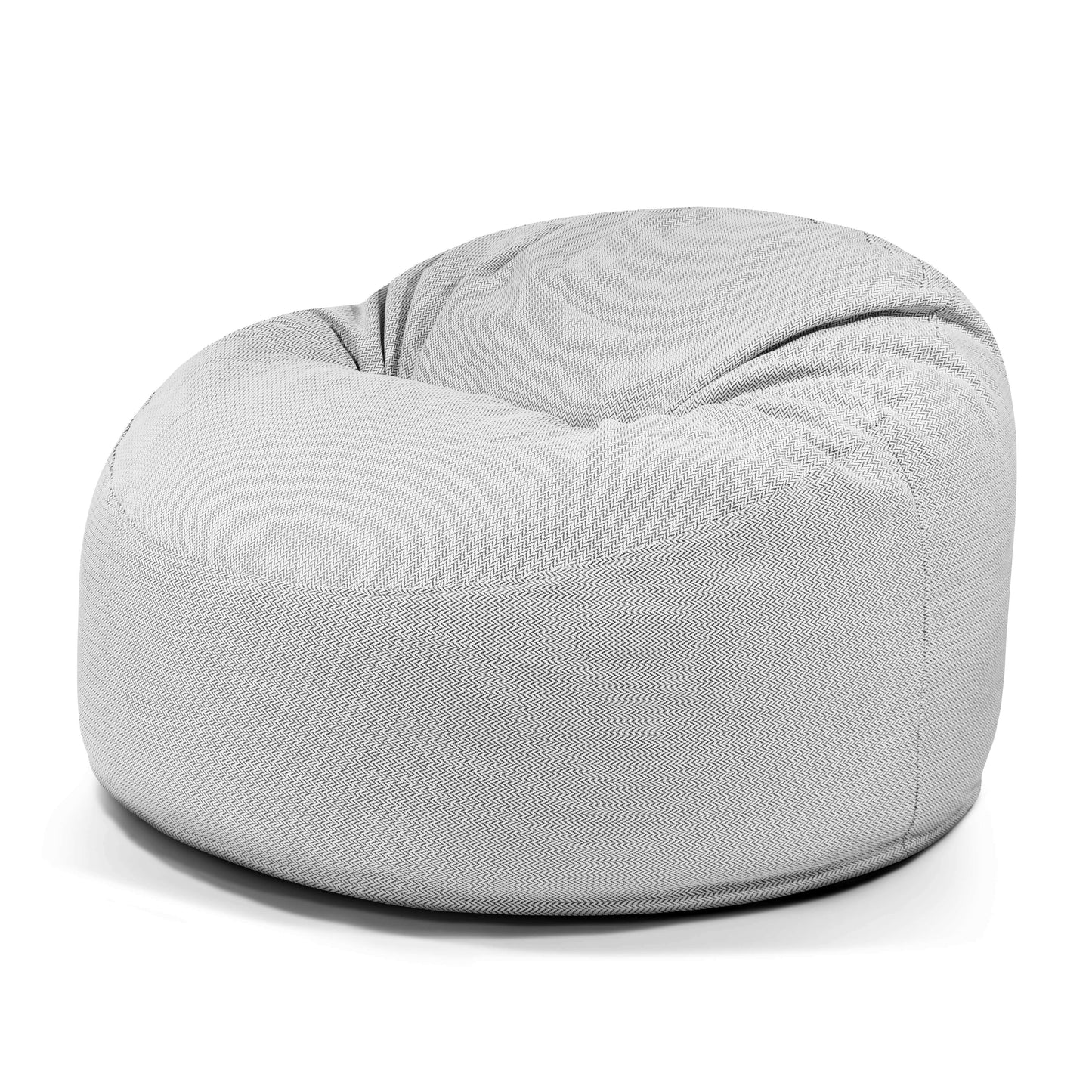 La Foam Bean Bag OM 110 Canaria, una silla redondeada de color gris claro diseñada para su uso en exteriores y como asiento cómodo, se muestra sobre un fondo blanco.