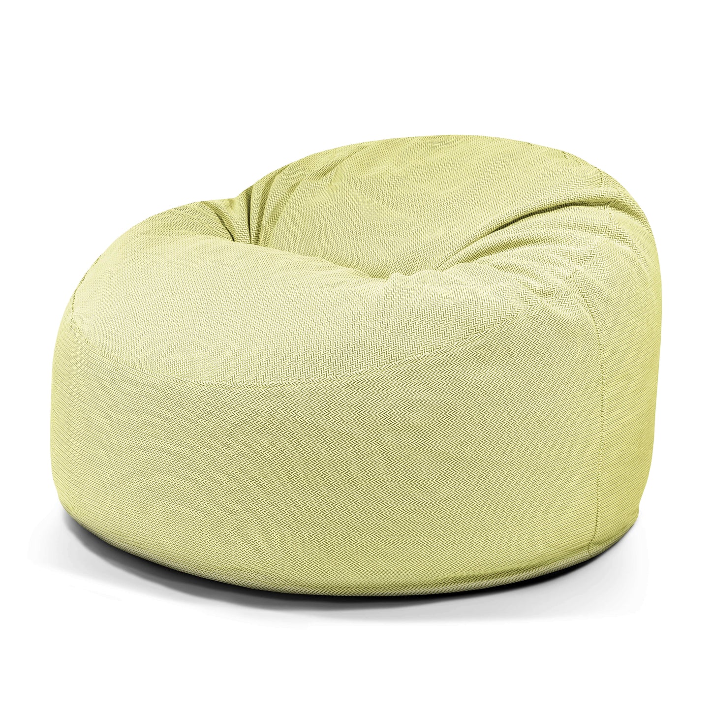 El Foam Bean Bag OM 110 Canaria, de color verde claro con tejido texturizado, ofrece un cómodo asiento para exteriores y se muestra sobre un fondo blanco.